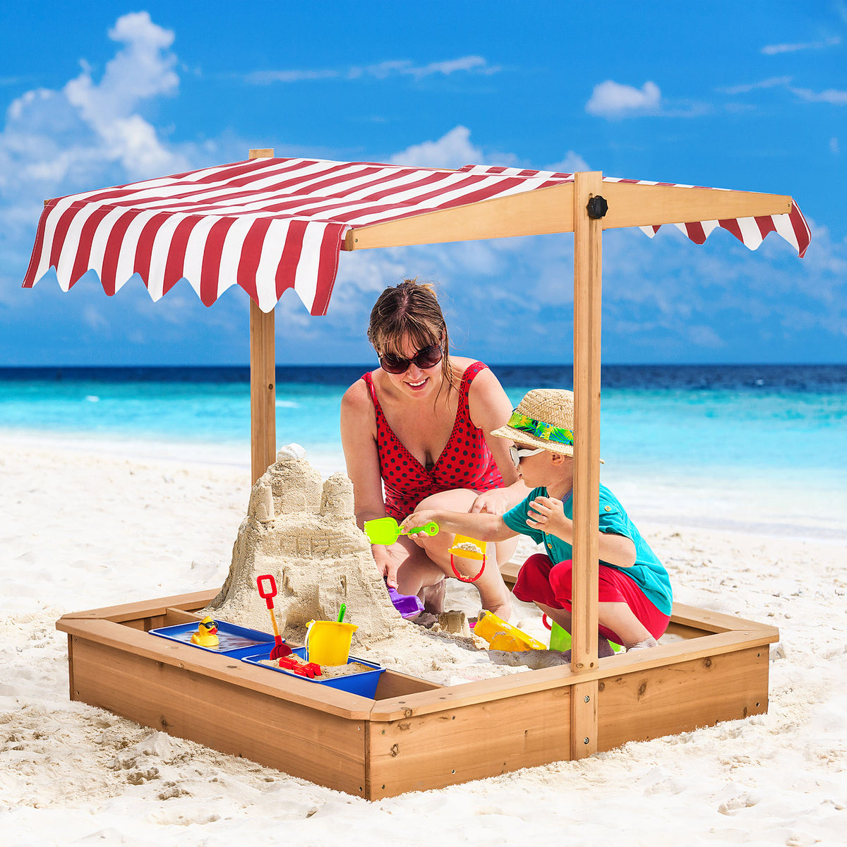 Caixa de Areia de Madeira com Teto Inclinável com Altura Ajustável e 2 Baldes de Plástico Caixa de Areia de Jardim para Crianças acima de 3 Anos 107,5x107,5x110cm Natural — foto 2
