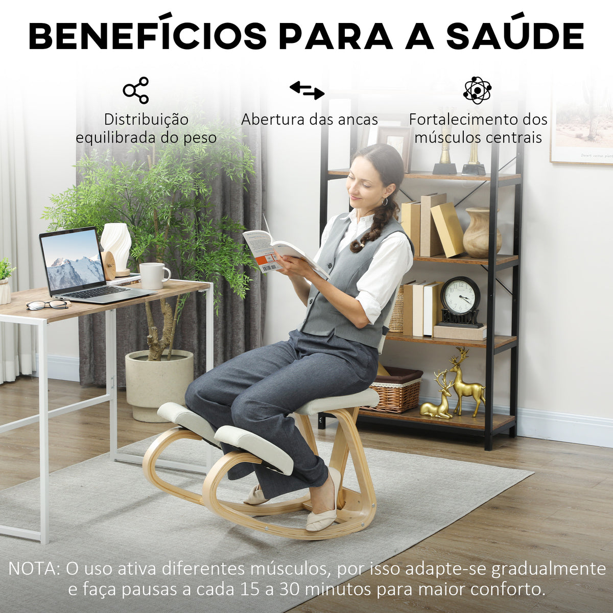 Cadeira Ergonómica de Joelhos com Encosto Almofadas Acolchoadas Estrutura de Madeira para Melhor Postura Escritório 51x84x93 cm Creme — foto 6