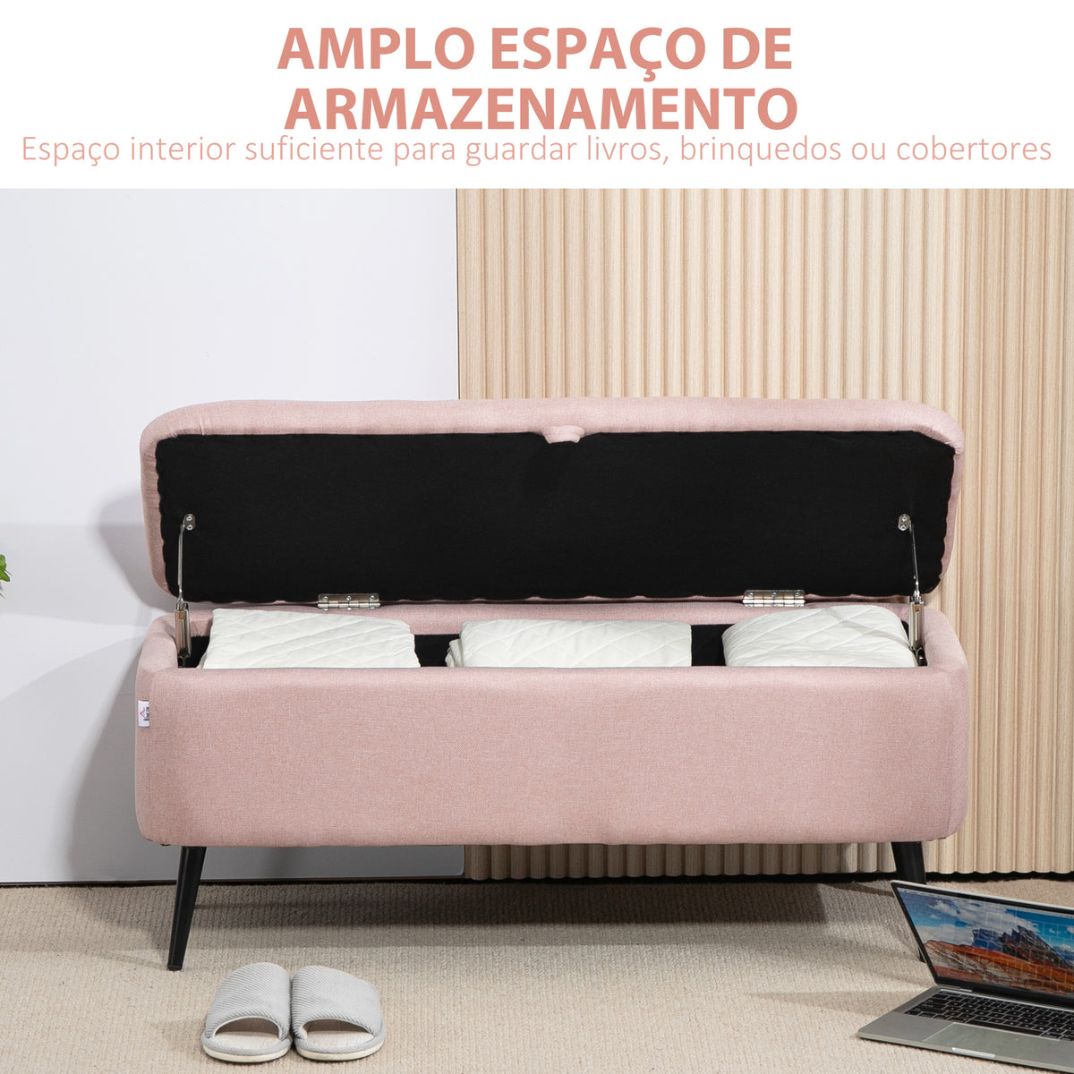 Banco de Armazenamento Estofado em Linho com Tampa Abatível e Pés de Aço para Dormitório Sala de Estar Entrada Carga Máxima 150kg 101x38,5x44,5 cm Rosa — foto 4