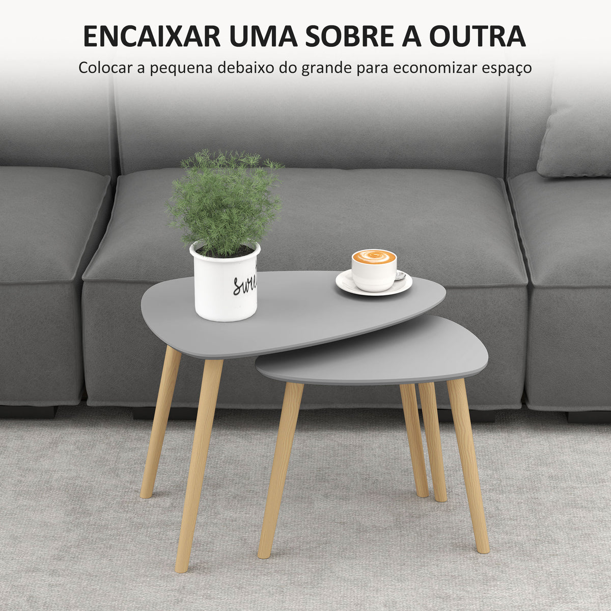 Conjunto de 2 Mesas Auxiliares com Pés de Madeira Mesas de Café para Sala de Estar Dormitório Escritório 59,5x39,5x45cm e 44,5x28,5x40 cm Cinza — foto 4