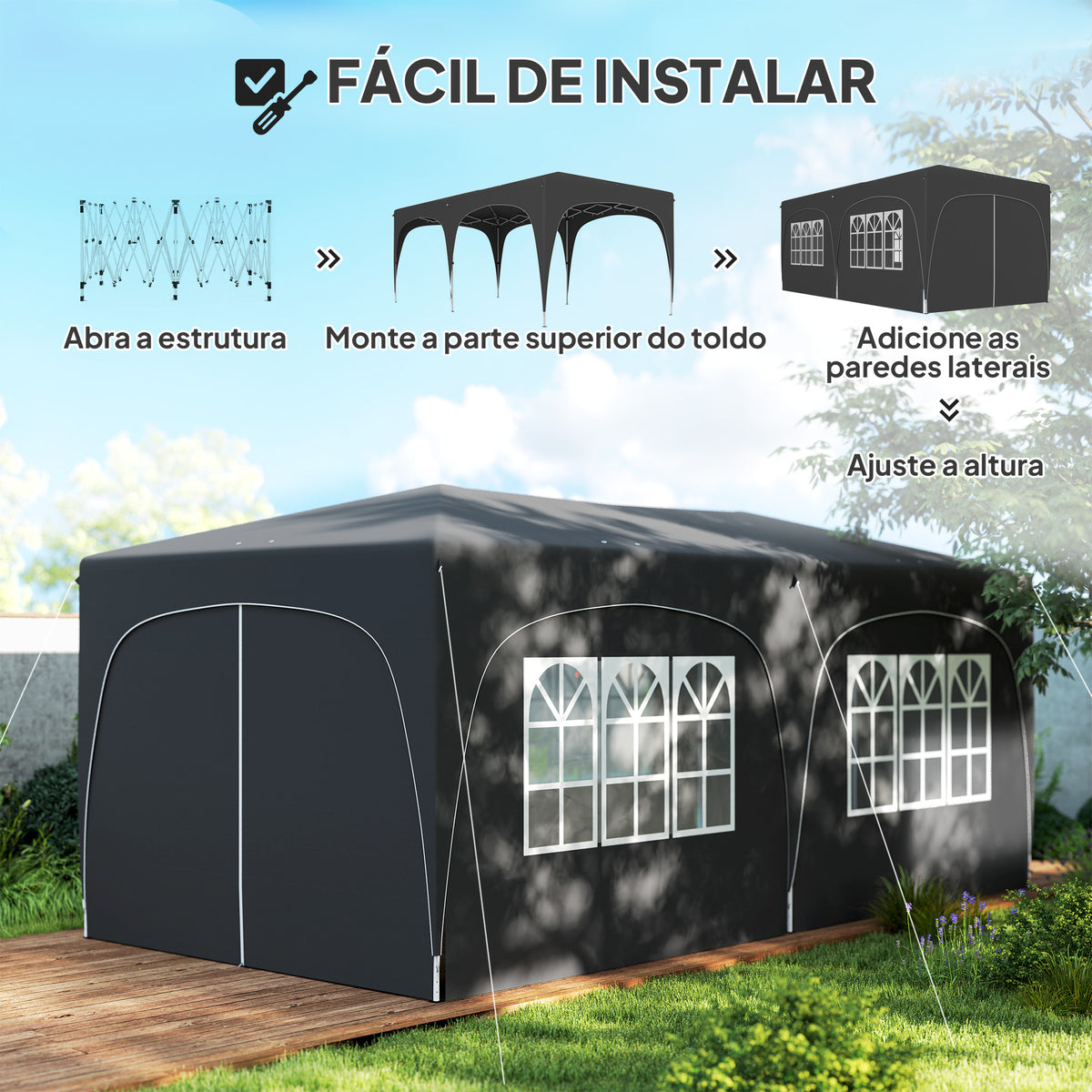 Tenda Dobrável tenda 3x6 m com Painéis Laterais UPF50+ Tenda de Jardim com Altura Ajustável e Bolsa de Transporte para Campismo Festas Pátio Cinza Escuro — foto 4