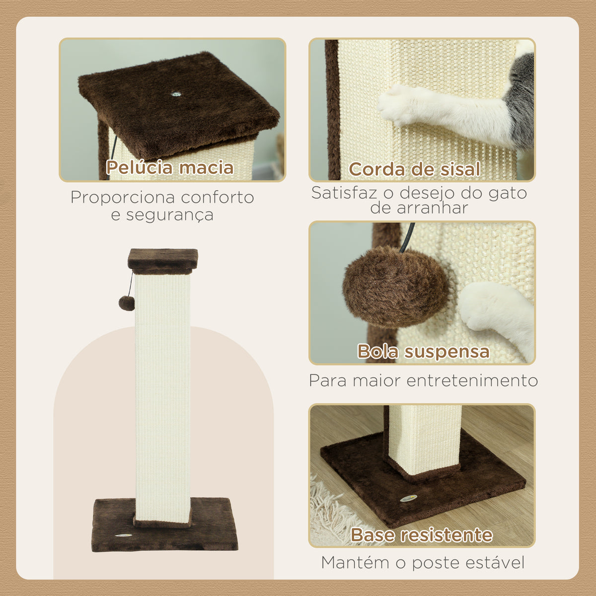 Poste Arranhador para Gatos Altura 81 cm Arranhador para Gatos com Poste de Sisal e Bola Suspensa 41x41x81 cm Marrom e Creme — foto 5