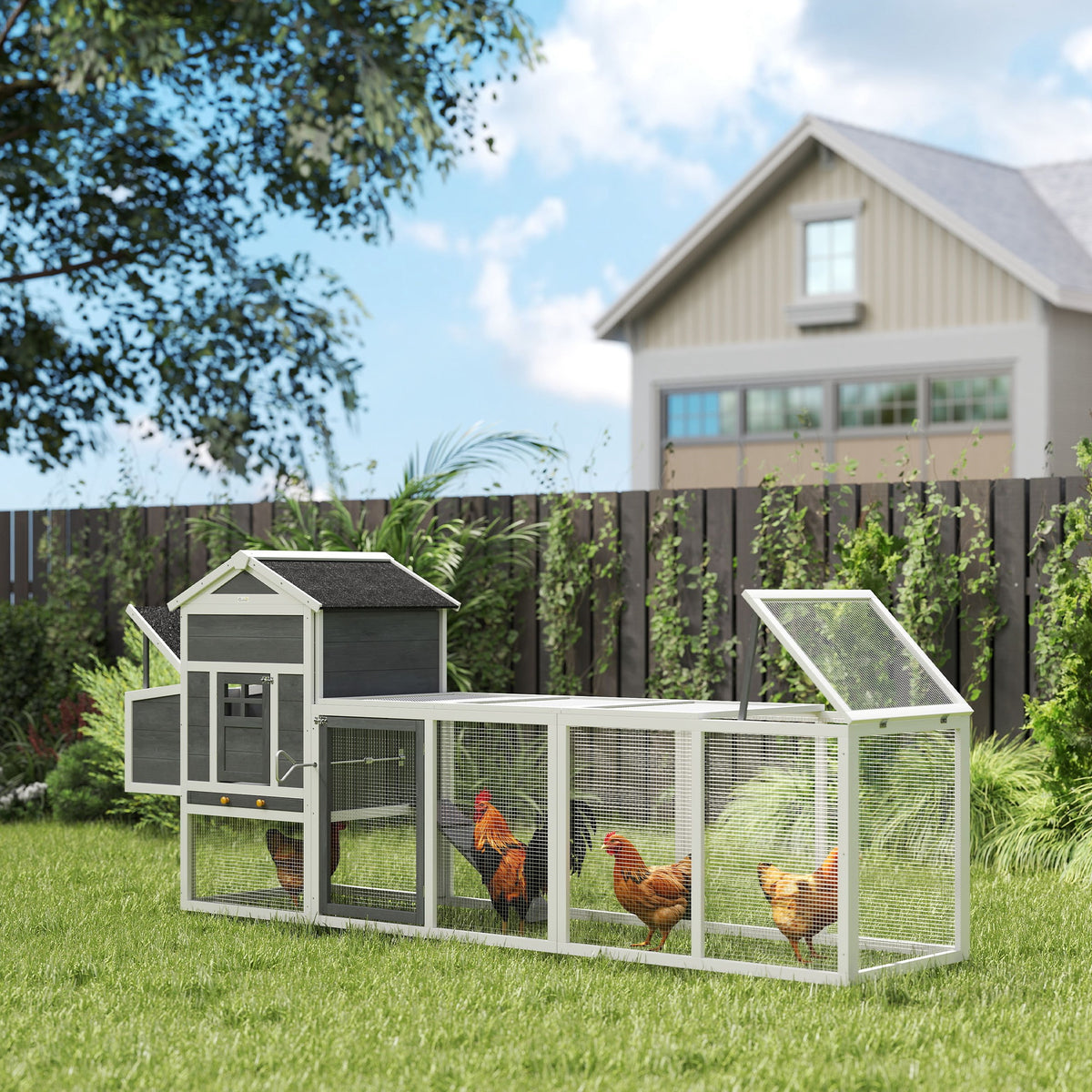 Galinheiro de Madeira 297,5x68x118cm Galinheiro Grande para 3-6 Galinhas com Teto Asfáltico Cercado de Metal Porta com Trava Caixa Ninho Bandeja Amovível e Rampa Branco e Cinza — foto 2