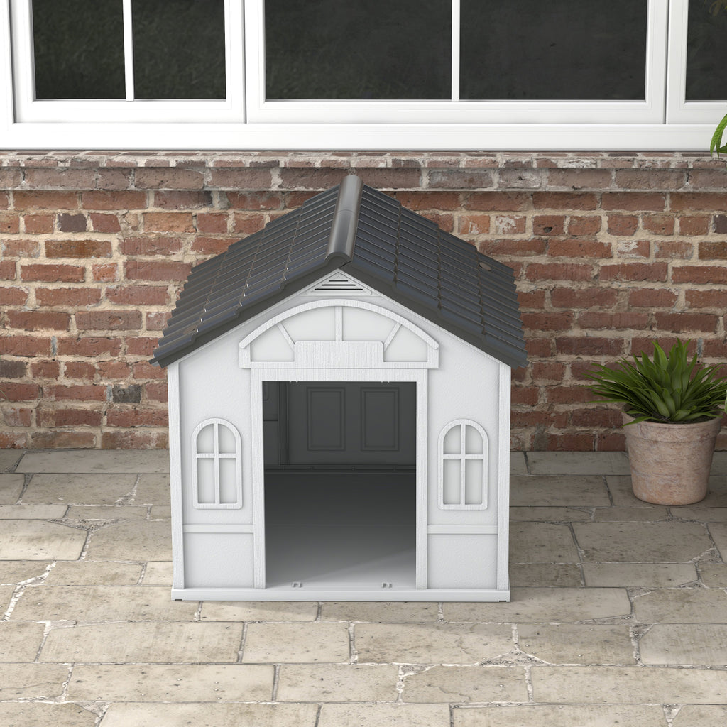 Casa para Cães 84,2x98,2x82 cm Casa para Cães com Janelas e Teto com Imitação de Telhas Casota para Cães Cinza — foto 8
