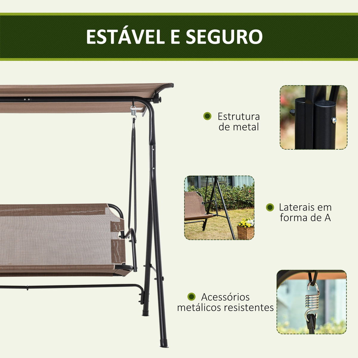 Baloiço de Jardim de 2 Lugares Baloiço com Teto Ajustável em Ângulo para Terraço Balcão Carga Máxima 200kg Aço 172x110x155cm Marrom — foto 5