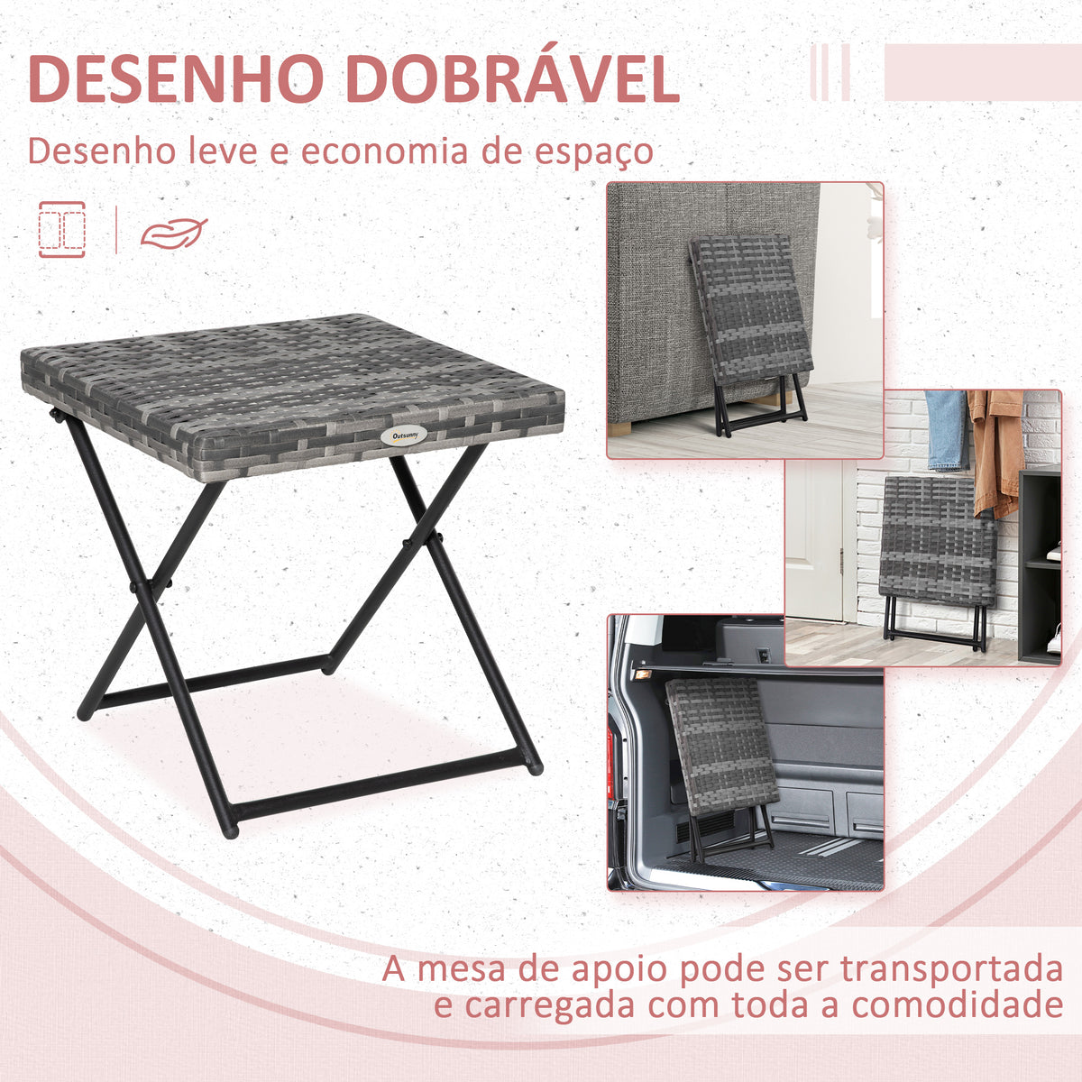 Mesa de Jardim em Vime Sintético Mesa de Terraço Exterior Dobrável com Pés Cruzados e Estrutura de Aço para Pátio Varanda 40x40x40 cm Cinza — foto 4