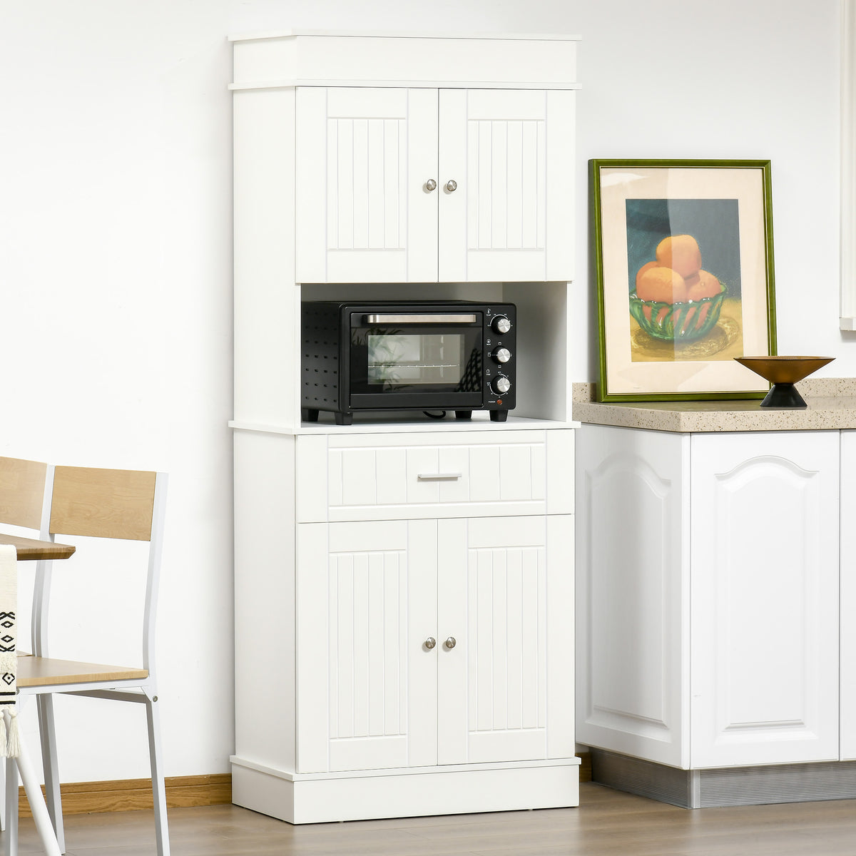 Armário de Cozinha Armário Alto de Cozinha com 1 Gaveta 4 Portas e Prateleiras Interiores Ajustáveis Móvel Auxiliar para Sala de Jantar Sala de Estar Anti-Rolamento 74,3x39,4x183cm Branco — foto 2