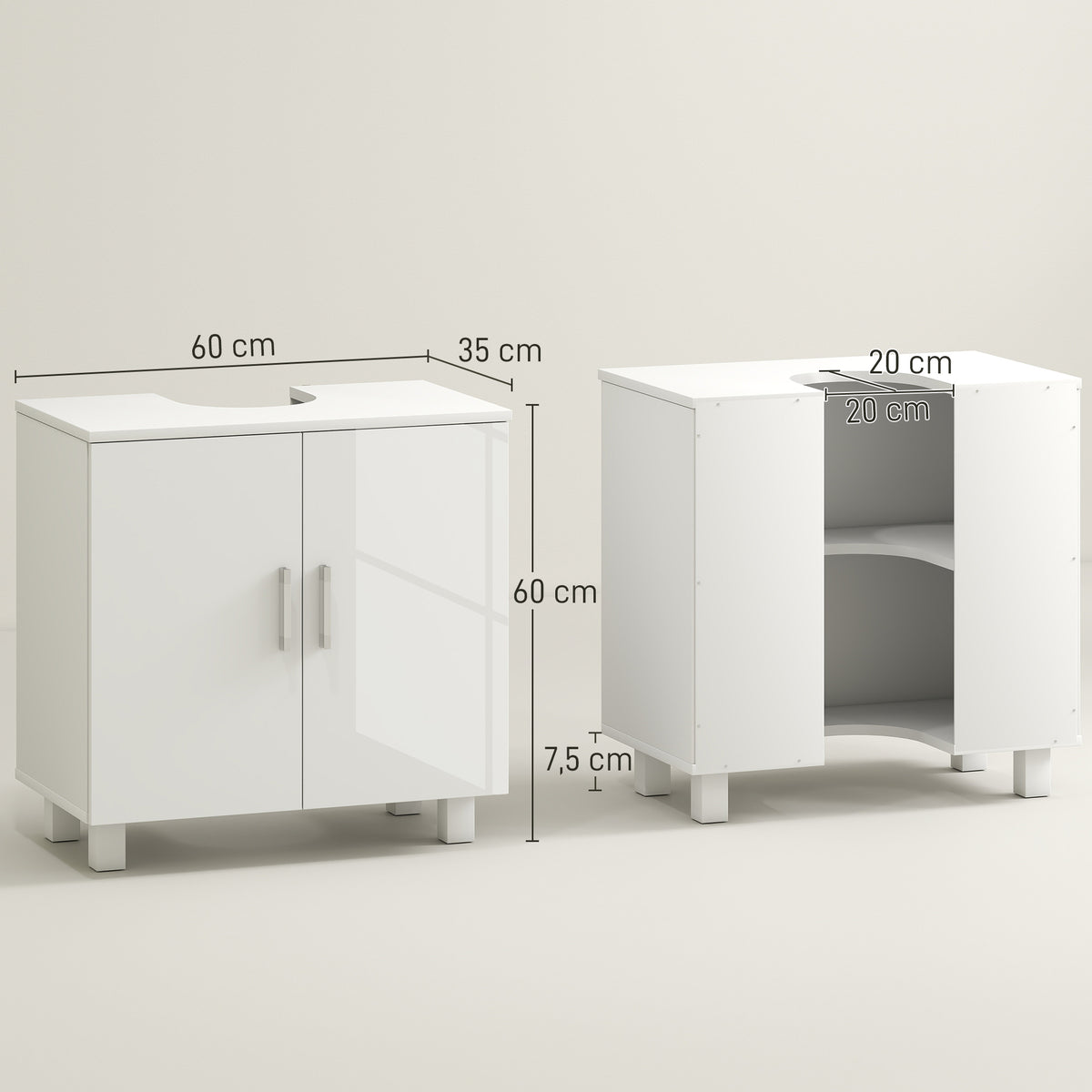 Móvel para Lavatório Pousar Armário Casa de Banho para Lavatório com 2 Portas de MDF 2 Prateleiras e Sistema Anti-Tombo 60x35x60 cm Branco — foto 3