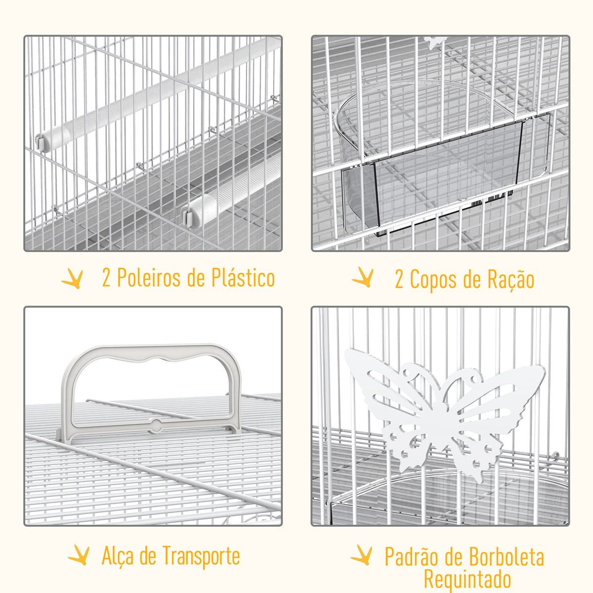 Gaiola para pássaros com 2 poleiros e 3 portas para pássaros pequenos de metal 60x41x41cm branco — foto 4