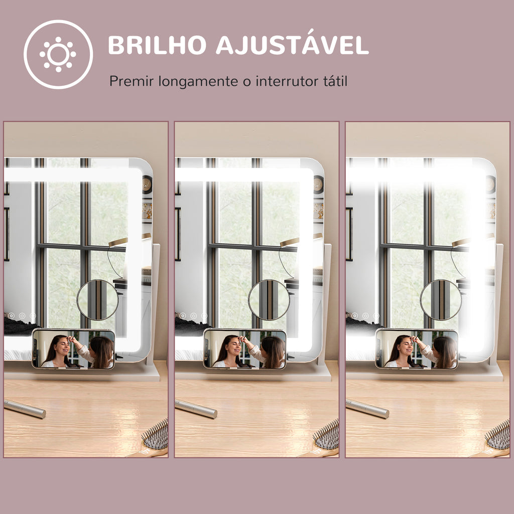 Espelho de Maquilhagem com Luzes Espelho de Toucador Giratório 58x46 cm com 3 Modos de Iluminação Interruptor Tátil Espelho de Maquilhagem com Suporte para Telemóvel e Entrada USB Branco — foto 7