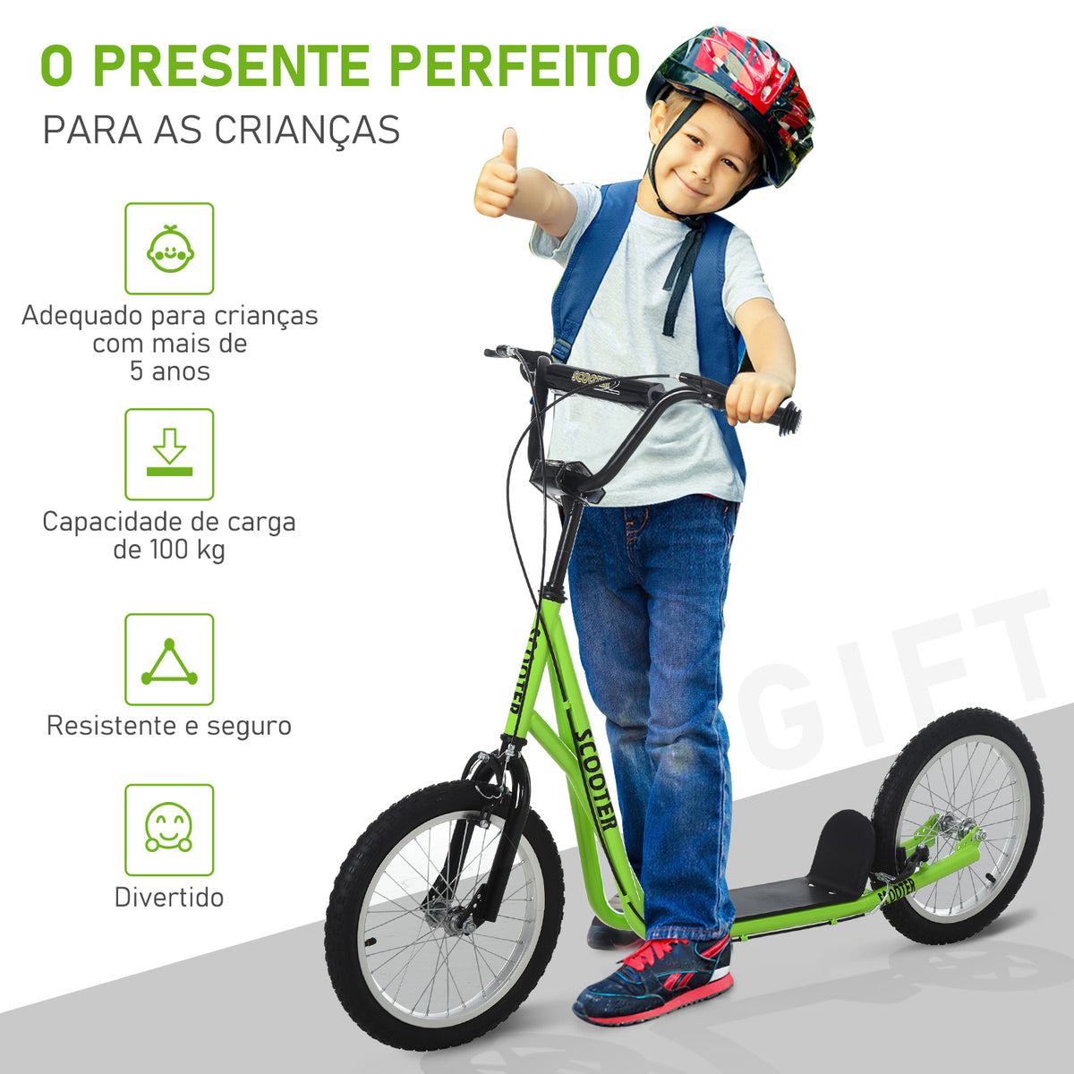 Trotinete para Crianças acima de 5 Anos e Adolescentes com Guiador Ajustável em Altura 2 Pneus de Borracha Insufláveis com Travagem Dupla e Rodas 16" Carga 100 kg 139x58x90-96 cm Verde — foto 5