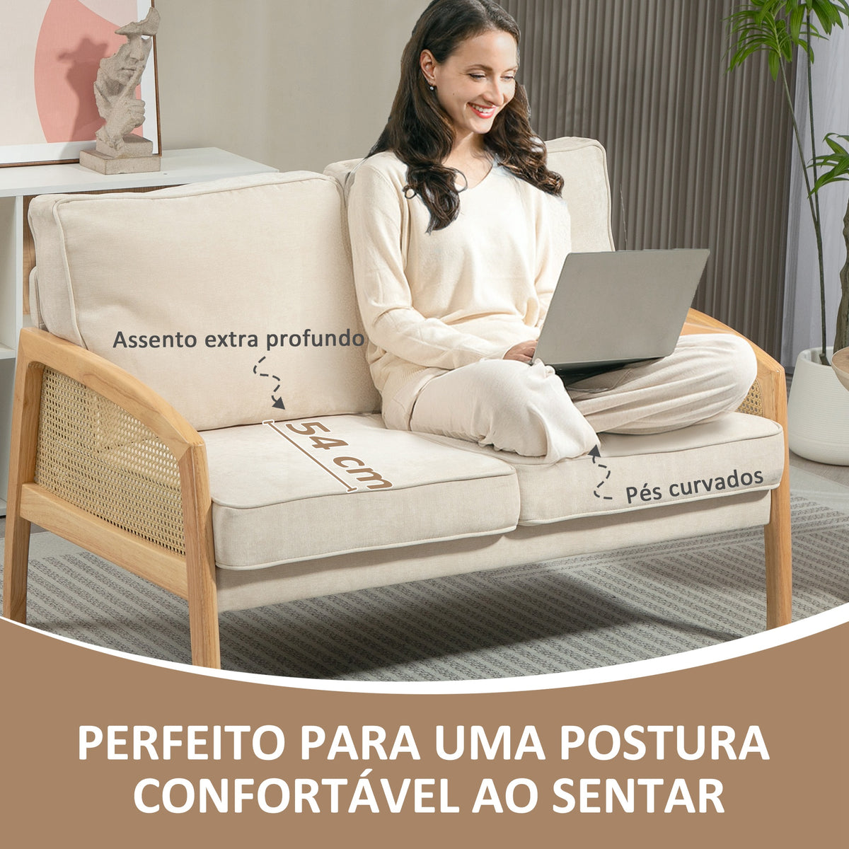 Sofá de 2 Lugares Estofado em Chenille Sofá Sala de Estar com 2 Almofadas Laváveis e Apoio para os Braços em Vime Sintético Sofá Pequeno Carga 240 kg 123x75x88 cm Bege — foto 4