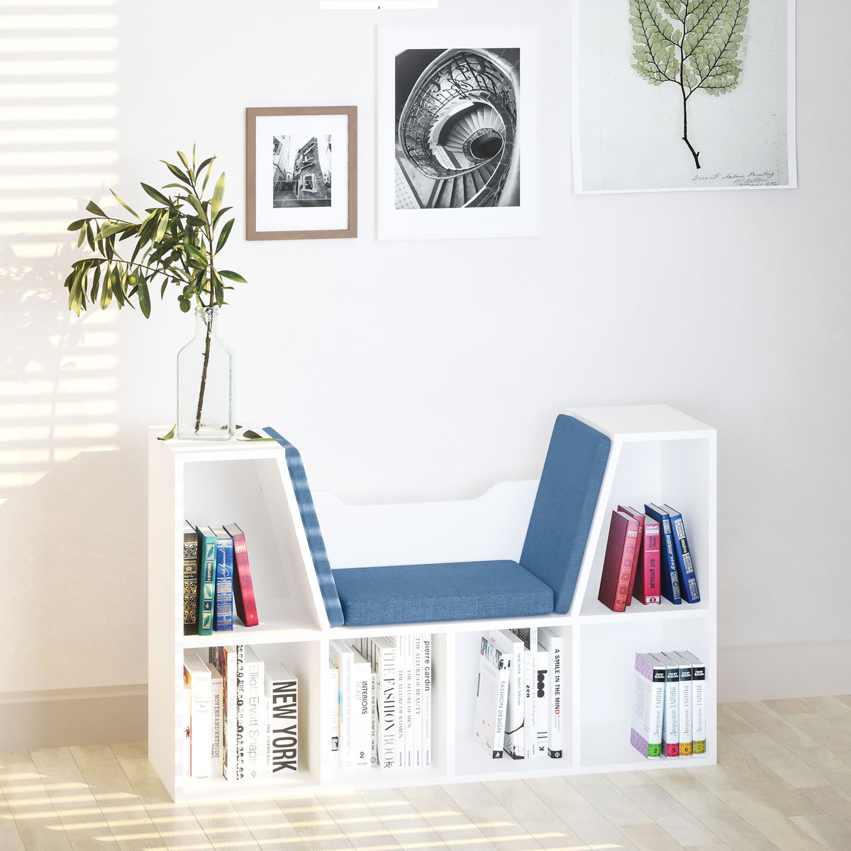 Estante para Livros com Banco Integrado e 6 Cubos Estante Infantil com Assento 102x30x61 cm Branco e Azul — foto 2