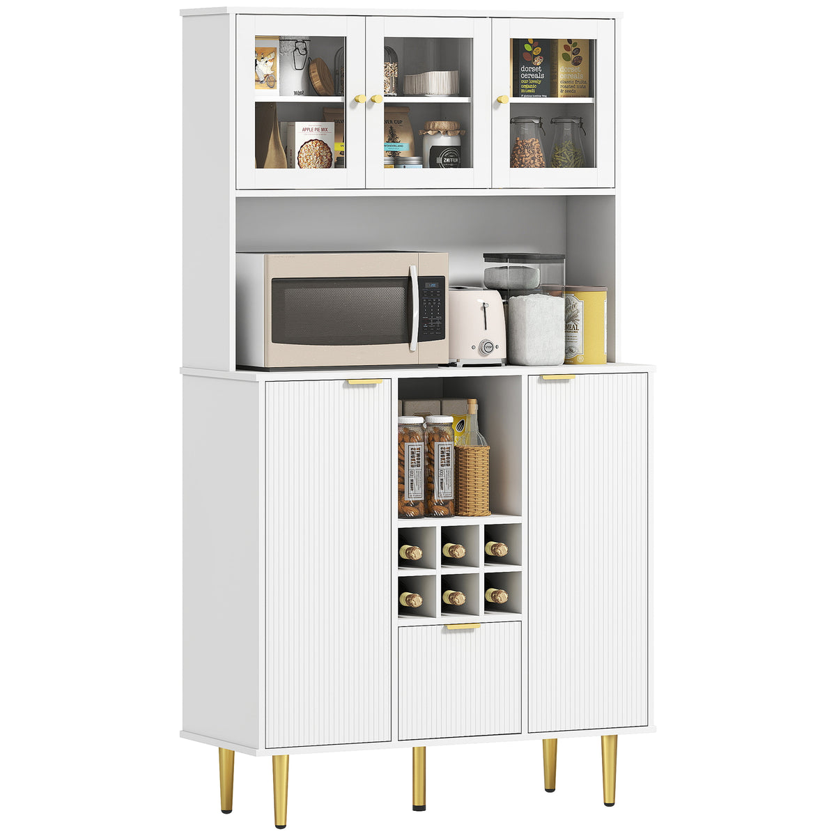 Armário de Cozinha Móvel Auxiliar de Cozinha Armário Alto com 3 Portas de Vidro Suporte para Garrafas Gaveta Prateleiras Ajustáveis e Compartimentos Abertos 100x40x180 cm Branco — foto 1