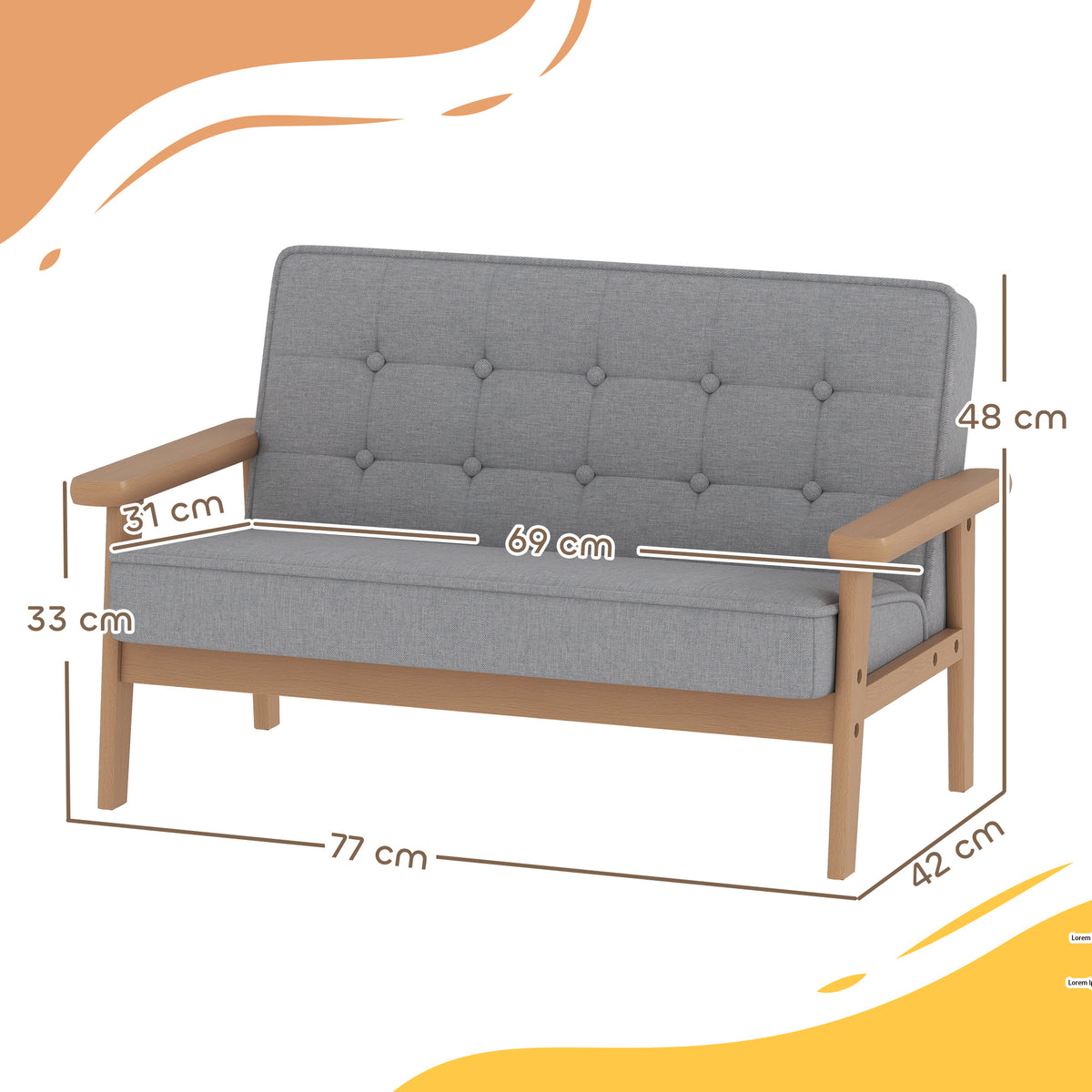 Sofá para Crianças de 2 Lugares Poltrona Infantil de Pelúcia Macia com Estrutura de Madeira Assento e Encosto Acolchoados Apoio de Braços para Crianças a partir de 3 Anos 77x42x48 cm Cinzento — foto 3