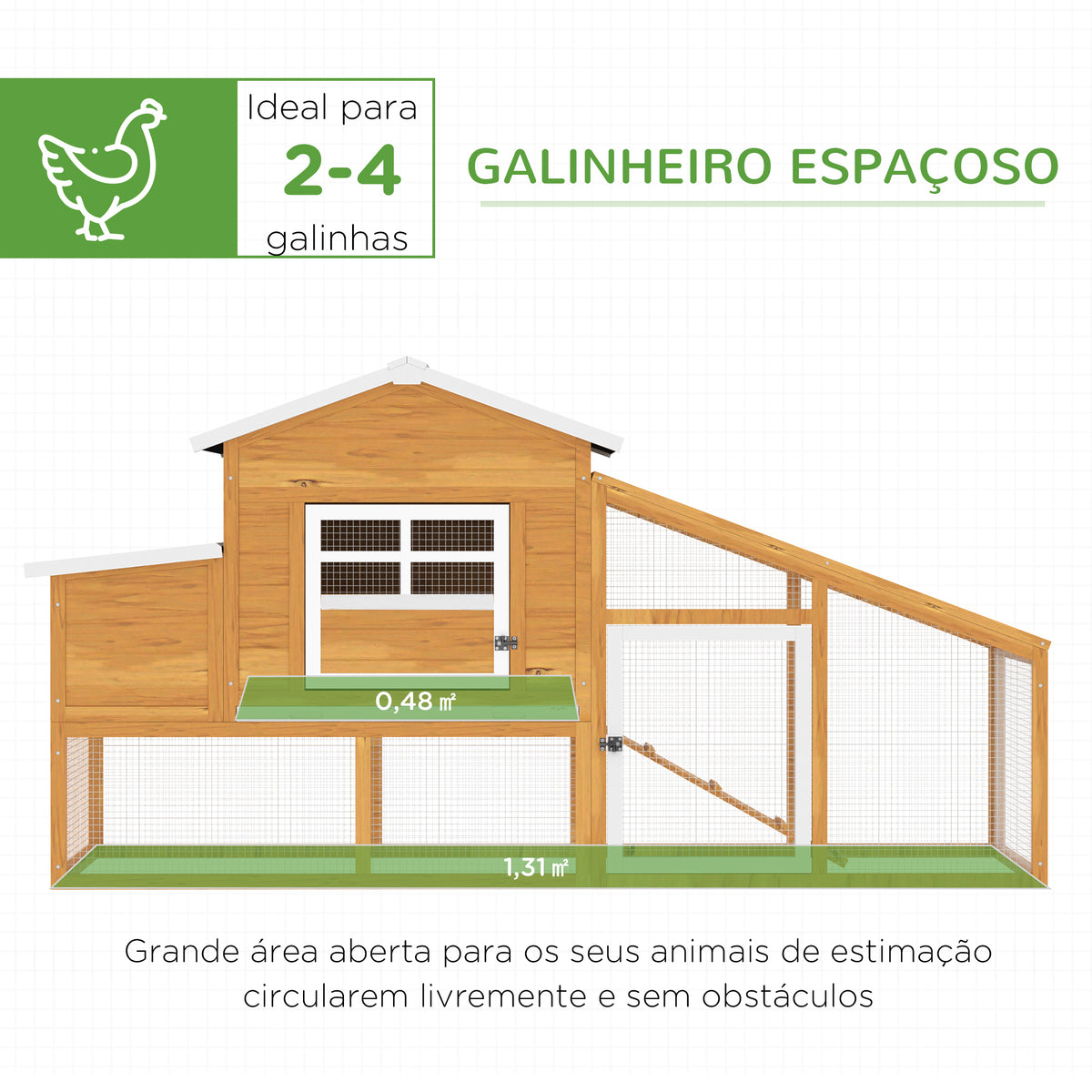 Galinheiro de Madeira Exterior Gaiola para 2-4 Galinhas com Grade de Arame Tetos Asfálticos Ninho Bandeja Removível Rampa e Zona Aberta 200x80x105cm Natural — foto 4