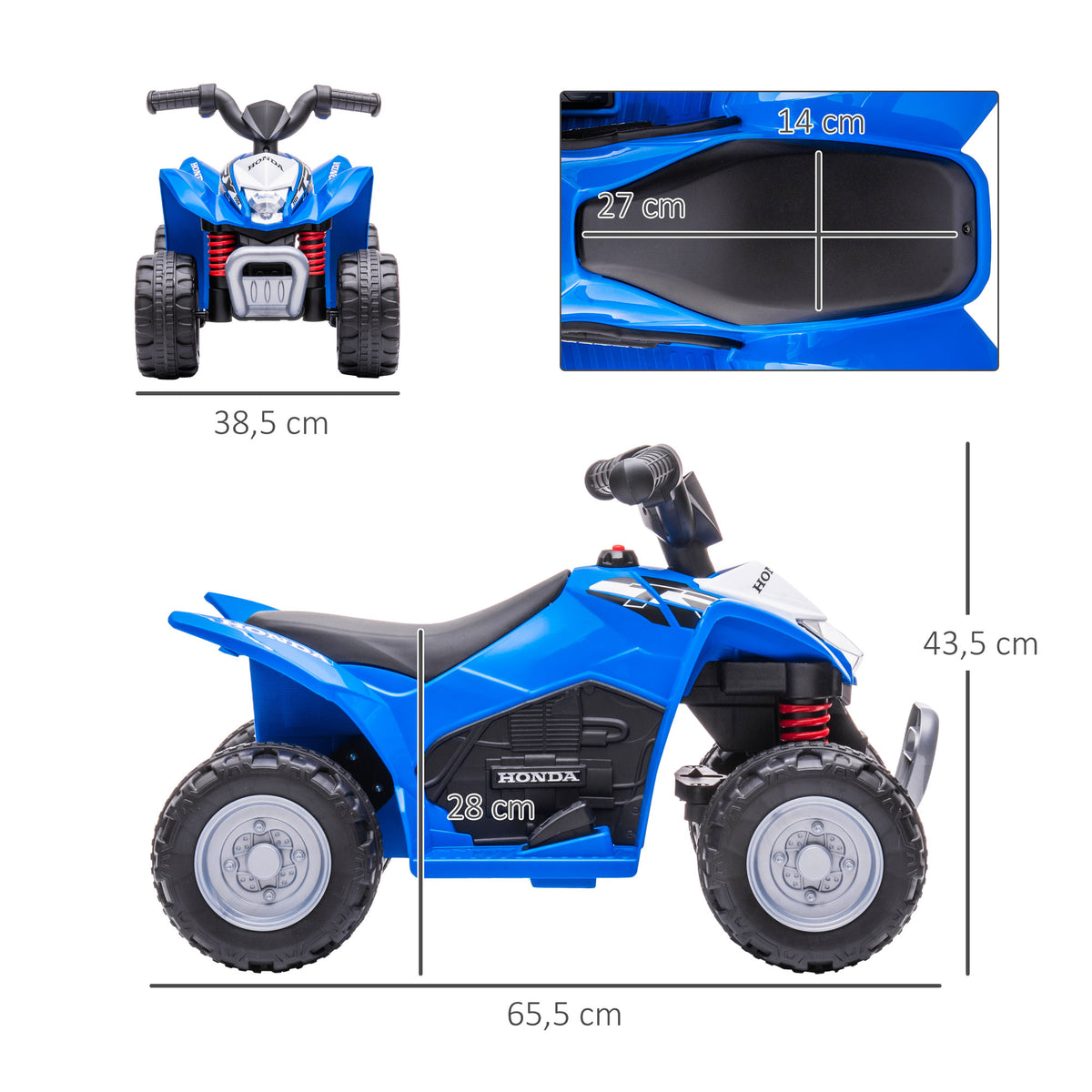 Quadriciclo Elétrico HONDA para Crianças de 18-36 Meses Quadriciclo Elétrico Infantil a Bateria 6V com Faróis LED Buzina Velocidade de 2,8km/h e Avance 65,5x35,5x43,5cm Azul — foto 3