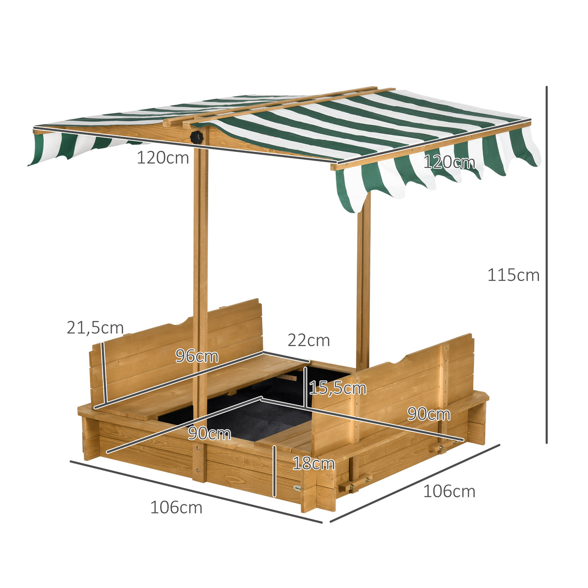 Caixa de Areia para Crianças de Madeira Caixa de Areia Infantil com Toldo Ajustável em Altura 2 Bancos e Encostos Removíveis para Pátio Jardim 106x106x121 cm Natural — foto 3