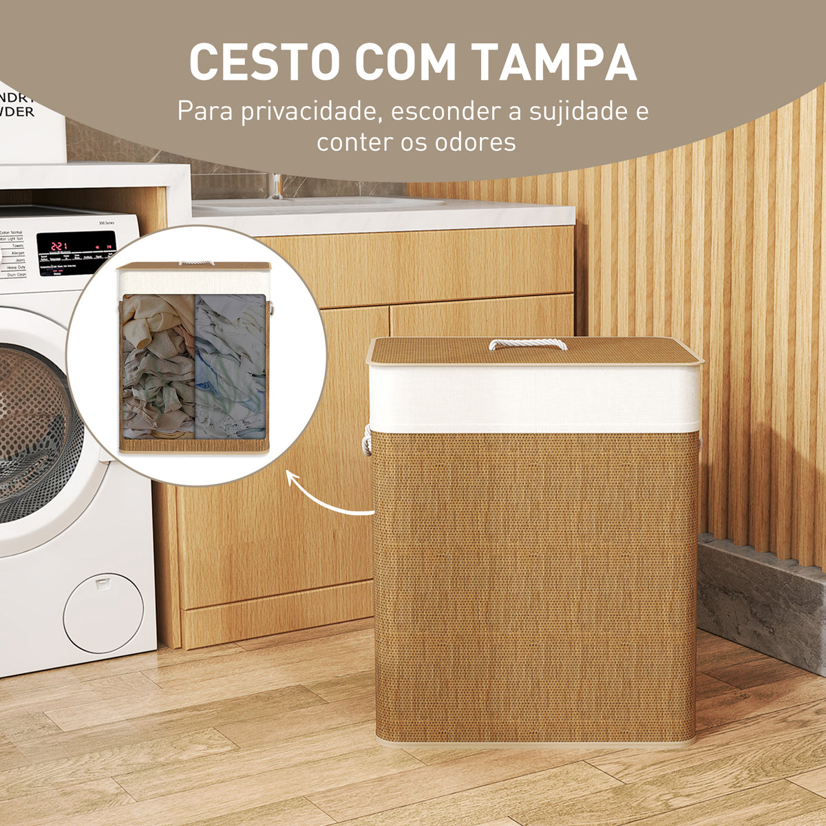 Cesto de Roupa com Tampa 100L Cesto para Roupa Suja de Bambu com 2 Compartimentos Bolsa Interior Amóvivel para Lavandaria Casa de Banho 52x32x63 cm Madeira e Creme — foto 5