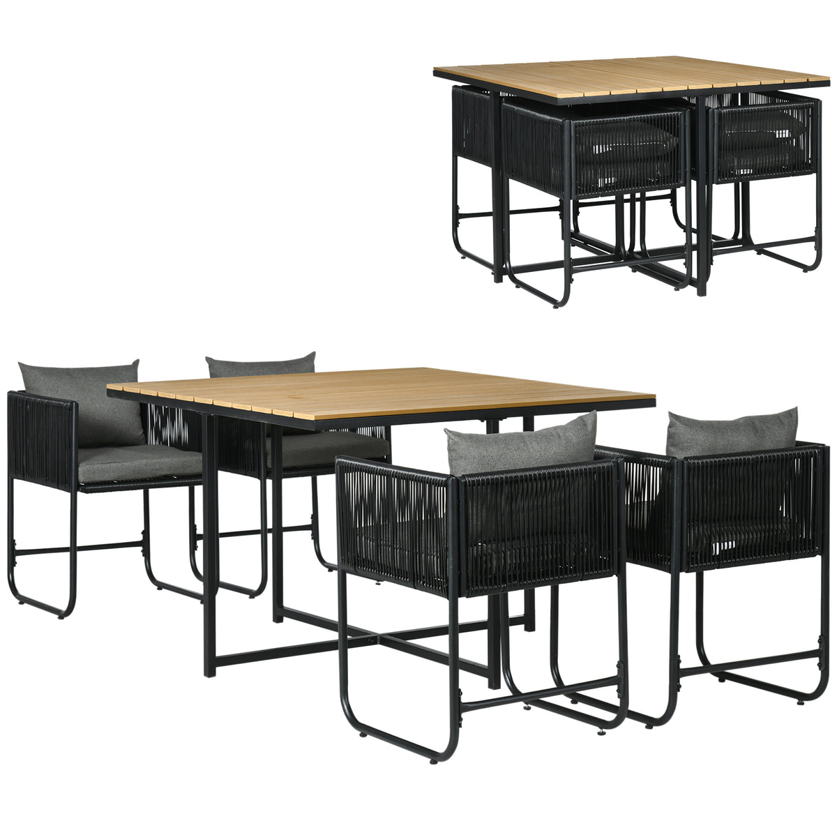 Conjunto de Jardim de Vime Sintético Conjunto de Móveis de Exterior de Vime com 5 Peças Mesa Quadrada e 4 Cadeiras Almofadas Preto e Madeira — foto 1