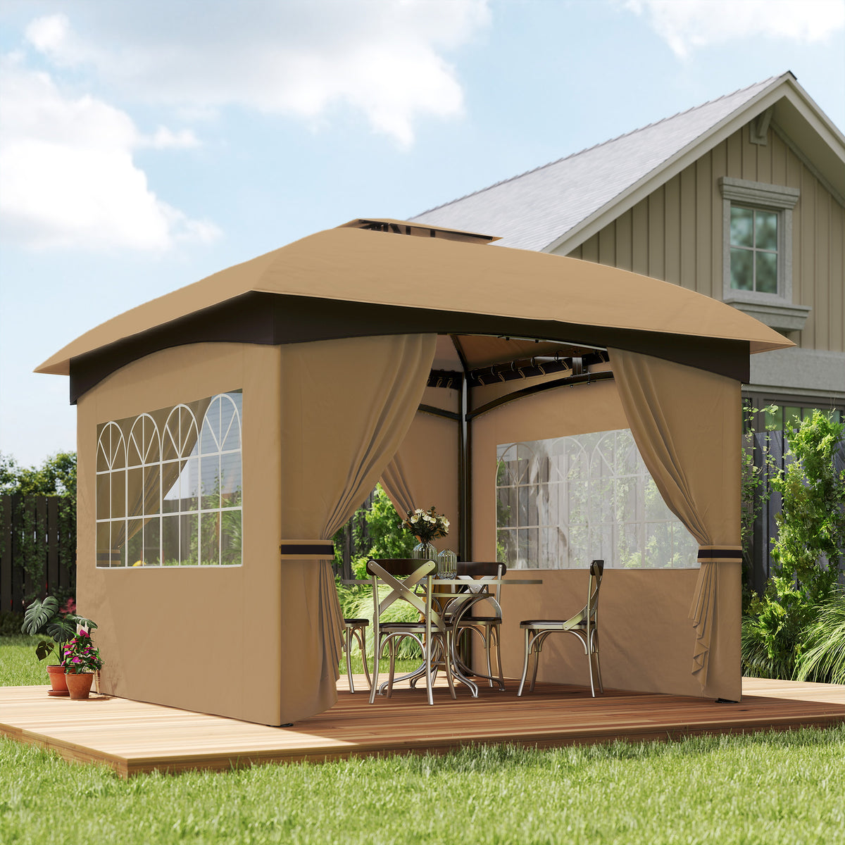 Pérgola de Jardim 3,35x3,35 m Pérgola de Exterior com Teto Duplo Paredes Laterais Anti-UV e Janelas Tenda para Eventos Bege — foto 2