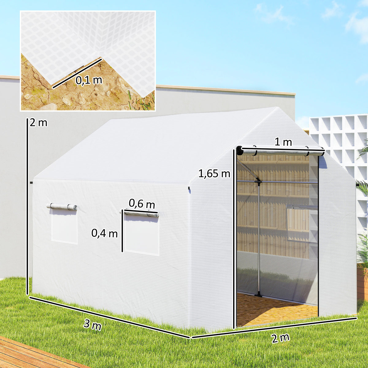 Estufa tipo Túnel 2x3x2 m Estufa de Exterior com 4 Janelas de Malha e Porta com Fecho de Correr Estufa para Cultivos Anti UV para Pátio Jardim Branco — foto 3