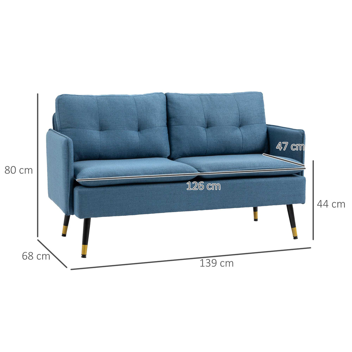 Sofá de 2 Lugares Estofado em Linho Sofá de Sala 139 cm com Almofadas Apoios de Braço e Pés de Aço para Quarto Escritório Carga 240 kg Azul — foto 3