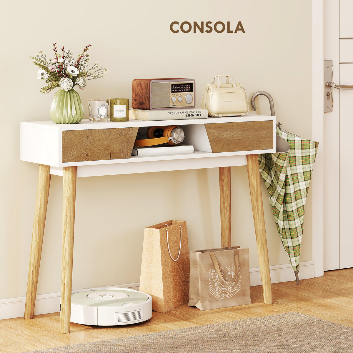 Mesa de Consola Estreita Consola de Entrada Mesa Consola Moderna com 2 Gavetas Compartimento e Pés de Madeira para Corredor Entrada Sala de Estar Dormitório 100x30x75 cm Branco — foto 6