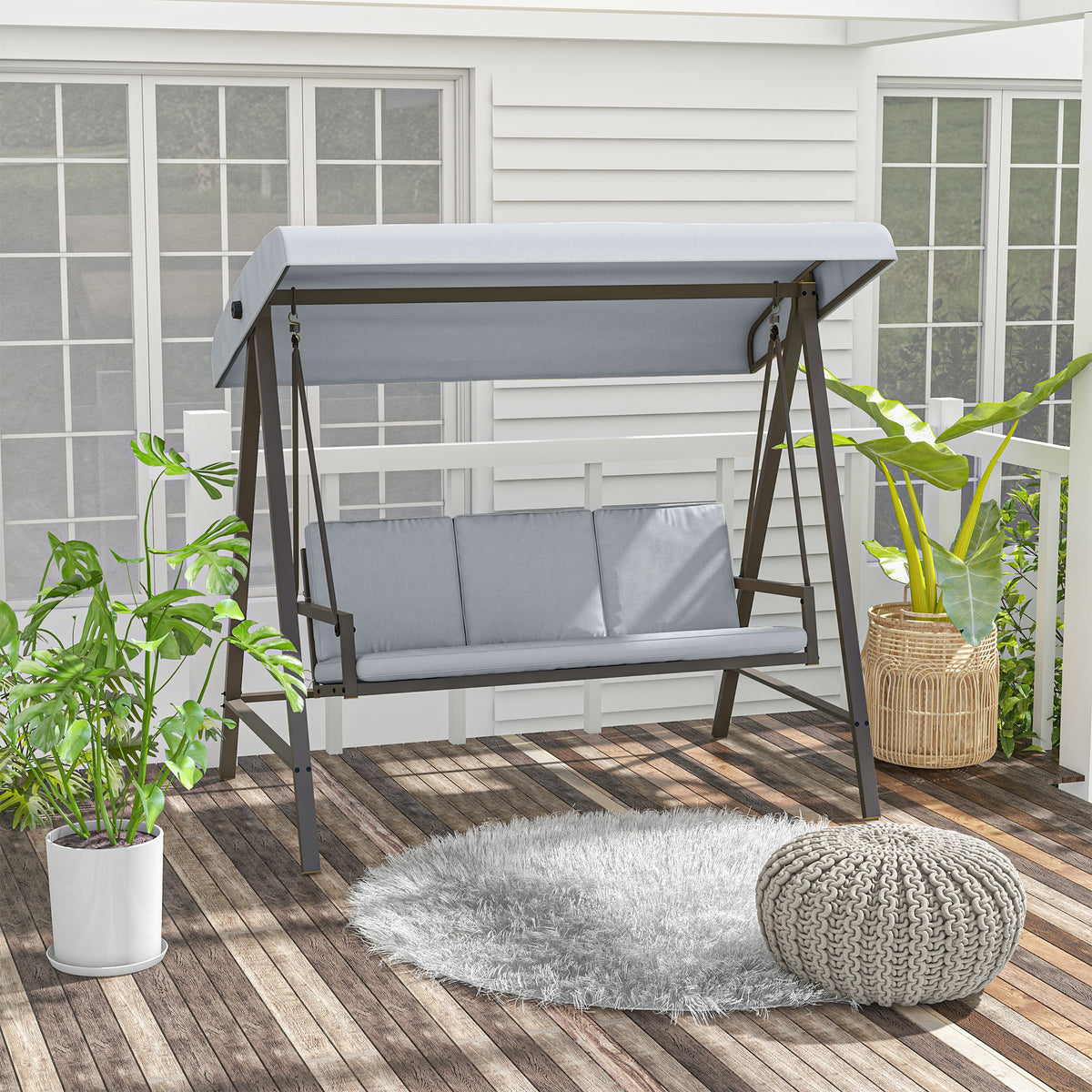 Baloiço de Jardim de 3 Lugares Baloiço de Exterior com Toldo Ajustável Almofadas Removíveis e Estrutura de Aço 200x125x175 cm Cinza — foto 2