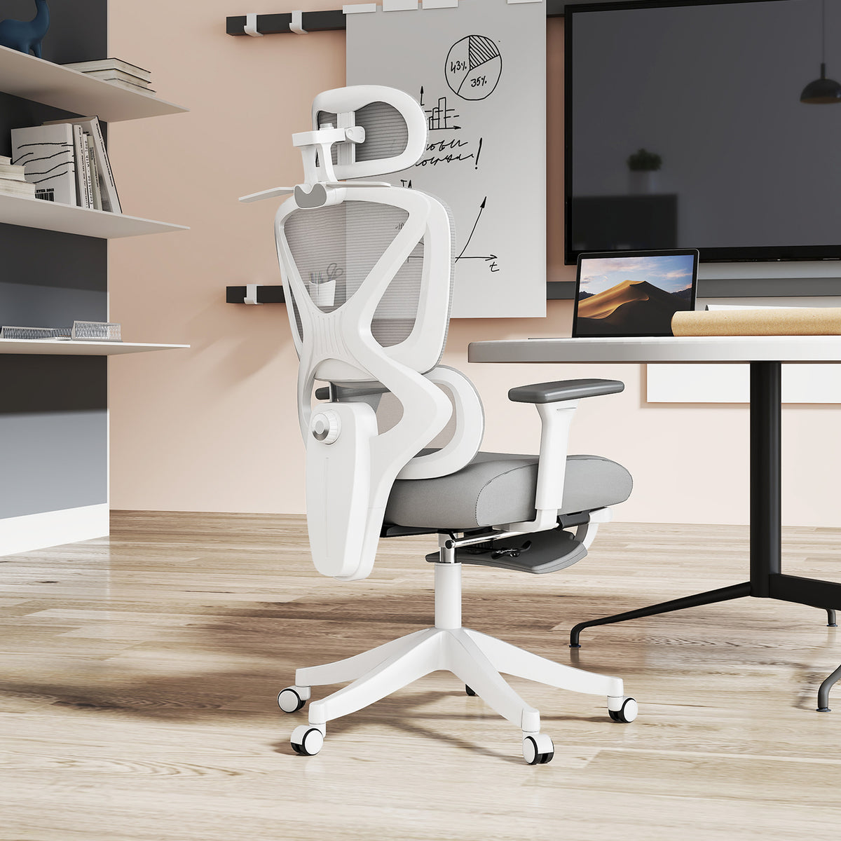 Cadeira de Escritório de Malha Reclinável com Apoio para a Cabeça Ajustável Suporte Lombar Apoio para os Pés Apoios para os Braços e Altura Regulável Suporta até 135 kg 71x70x109-119 cm Cinza — foto 2