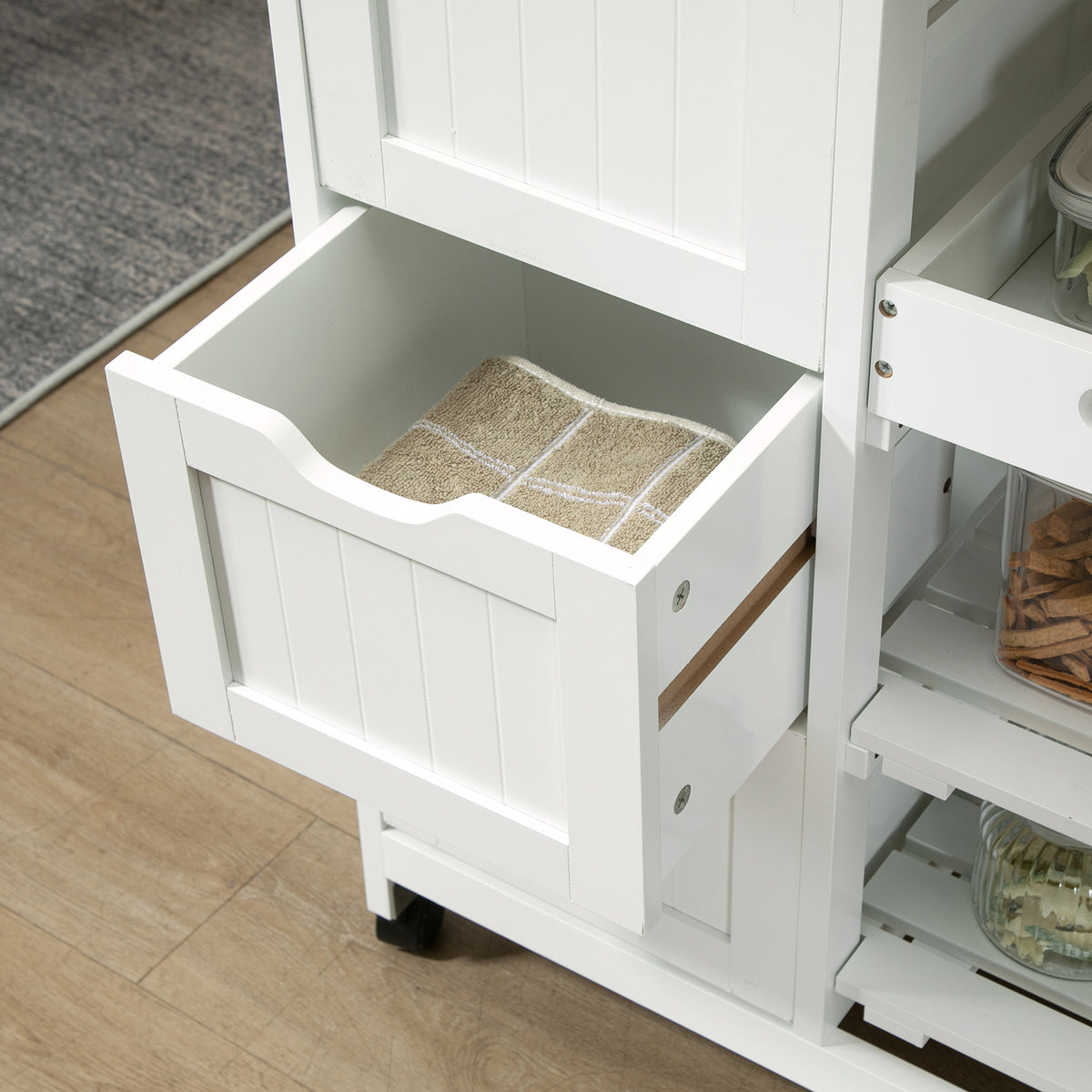 Carrinho de Cozinha com Rodas Carrinho de Serviço Multiuso com 3 Gavetas 2 Prateleiras Abertas e Bandeja para Sala de Jantar Sala de Estar 67x37x85,5cm Branco — foto 8