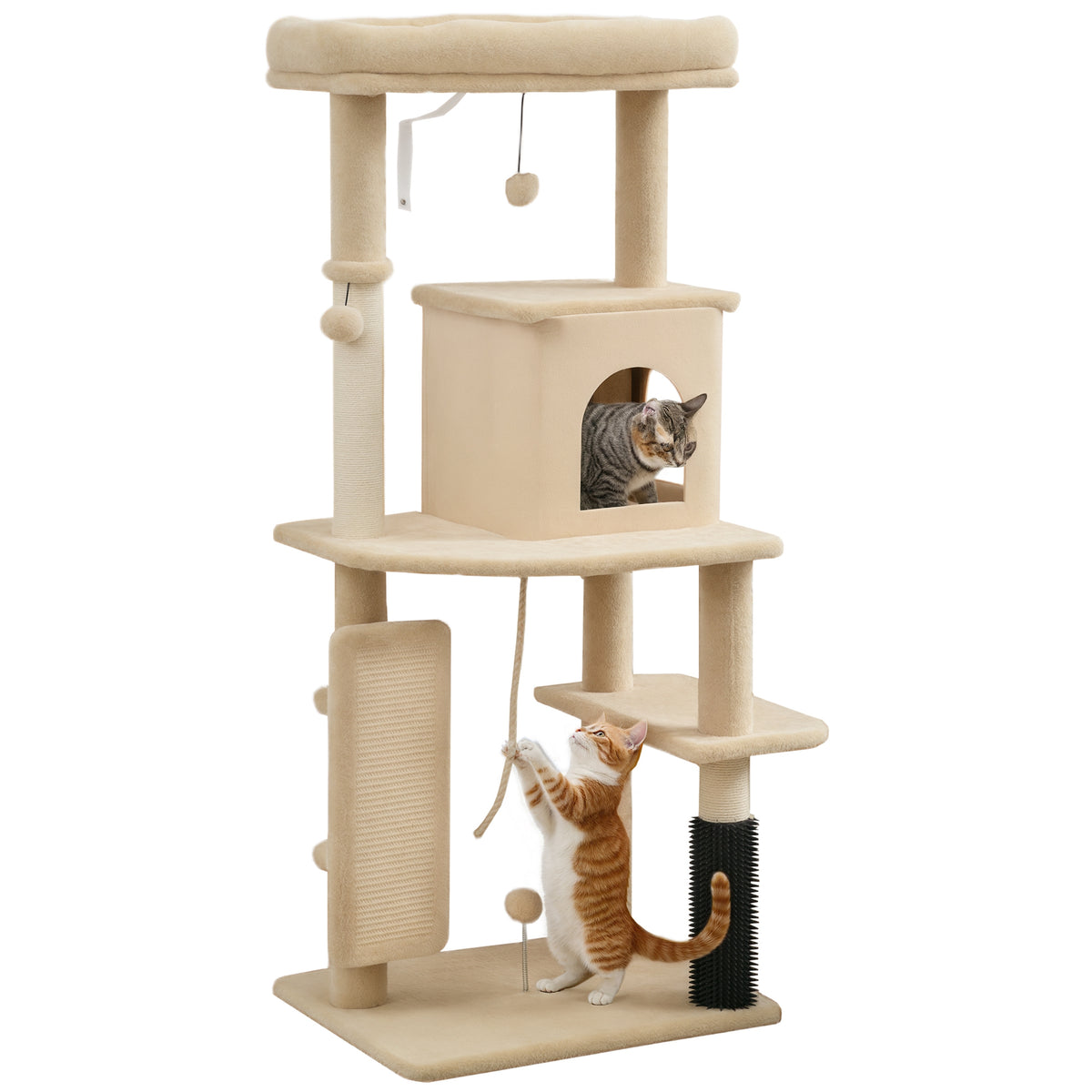 Arranhador para Gatos Grande Altura 132 cm Arranhador para Gatos com Plataformas Postes com Escova Bolas Suspensas e Almofadas para Arranhar Bege — foto 1