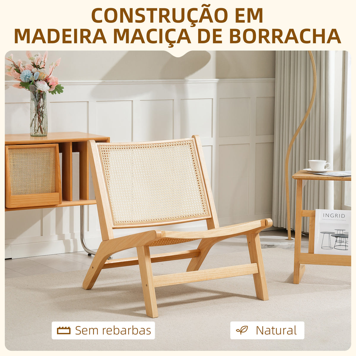 Cadeira para Sala de Estar Nórdica Poltrona com Encosto e Assento Amplo em Vime Estrutura de Madeira Poltrona para Dormitório Sala de Estar 64x70x74 cm Madeira e Bege — foto 5
