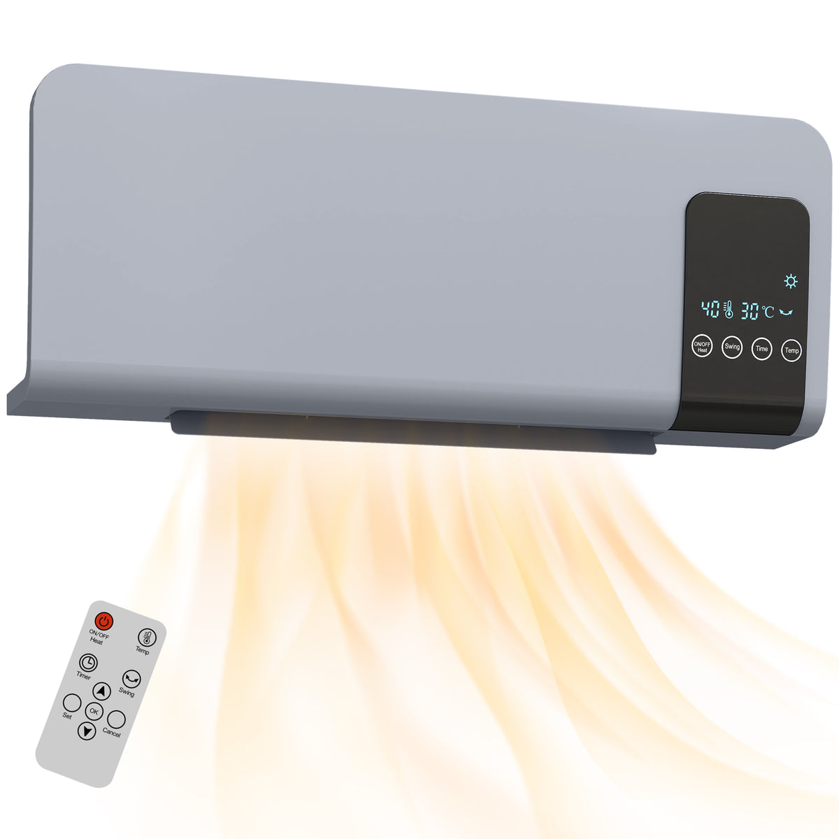 Aquecedor Elétrico de Parede 1000W/2000W Aquecedor com Ecrã LED Controlo Remoto Termostato Temporizador para Áreas de 15-20 m² 54,5x12x21,5 cm Cinzento — foto 1