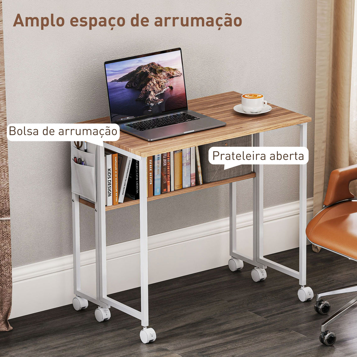 Secretária Dobrável com Rodas e Prateleira Mesa Secretária Compacta com Bolsa de Armazenamento Mesa para Computador Portátil para Casa Escritório Espaços Pequenos 80x50x75 cm Madeira e Branco — foto 5