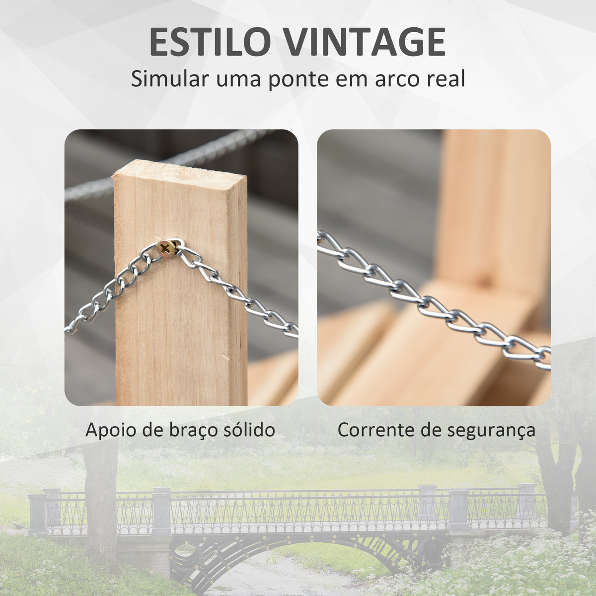 Ponte de Jardim de Madeira com Corrimãos de Correntes Metálicas Ponte Decorativa para Lagoa Carga 5 kg para Decoração Pátio 100x32x48 cm Madeira — foto 5