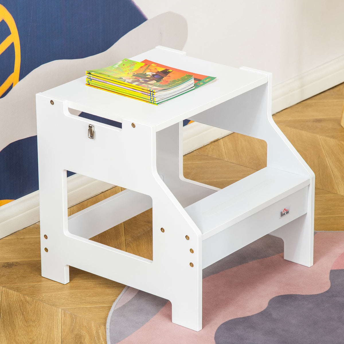 Torre de Aprendizagem para Crianças 3-6 Anos de Madeira Torre de Aprendizagem Infantil Convertível em Secretária com Ardósia e Barra de Segurança para Casa de Banho Cozinha 42x44x86cm Branco — foto 4
