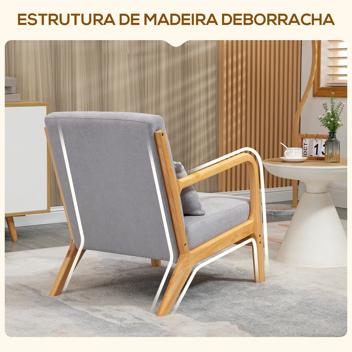 Poltrona Sala de Estar Nórdica Poltrona Individual Acolchoada com Apoio para os Braços e Estrutura de Madeira de Borracha para Dormitório Carga 120 kg 61x78x76 cm Cinza — foto 5