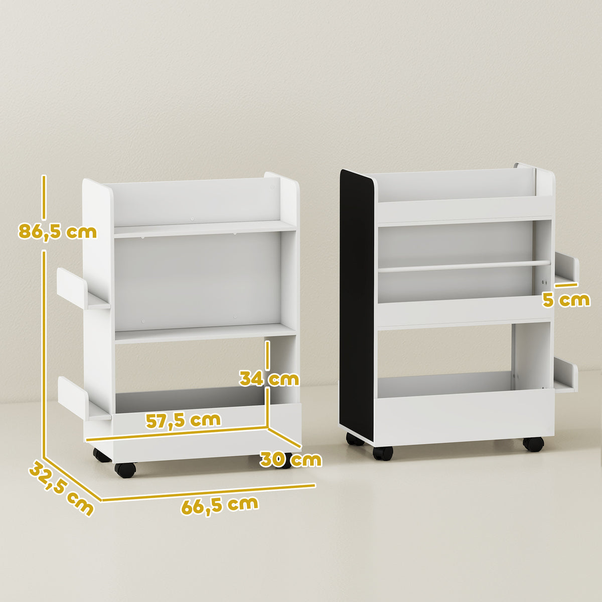 Estante de livros infantil com 4 prateleiras, compartimento de base, 2 laterais, quadro, rodas, para 3–8 anos, 66,5x32,5x86,5 cm Branco — foto 2