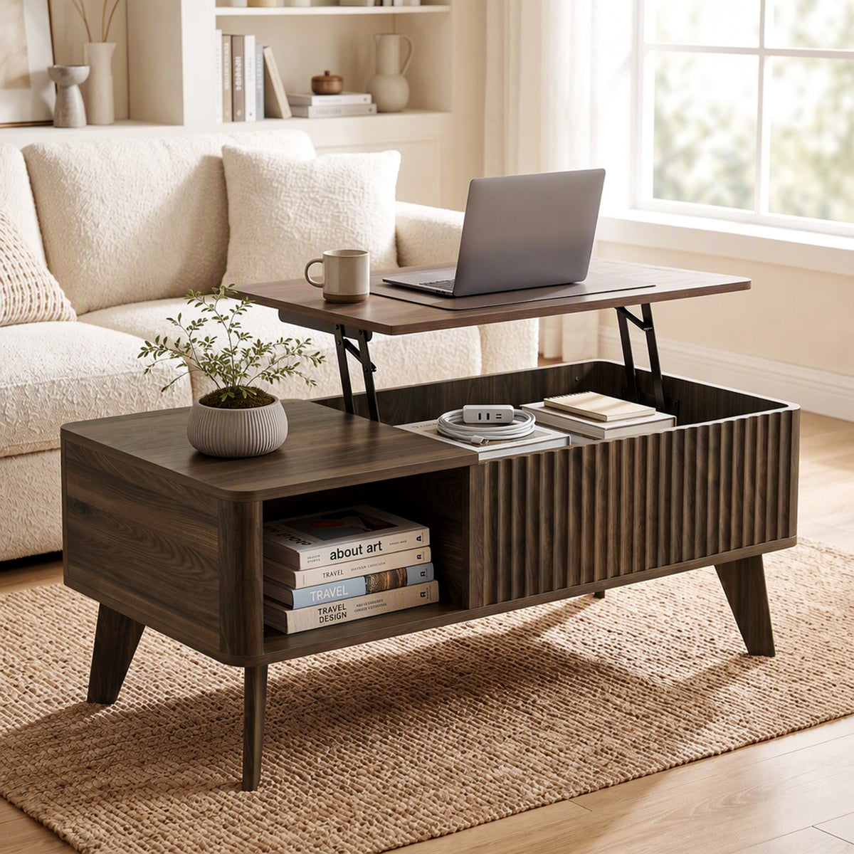 Mesa de Centro Elevatória com Compartimento Oculto e Prateleiras Abertas, 100x48x41-56 cm, Nogueira — imagem 3