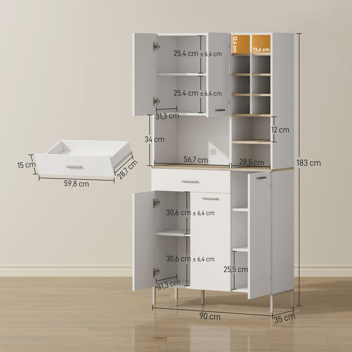 Armário de cozinha com prateleiras abertas, compartimentos, suporte para vinhos, despensa com 5 portas, MDF, Branco — foto 2