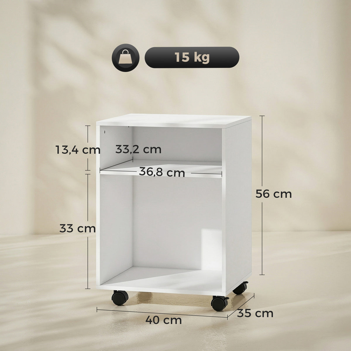 Suporte para Impressora Mesa com 2 Prateleiras Abertas e Rodízios com Trava para Escritório e Casa Fax e Digitalizador 40x35x56 cm Branco — foto 2