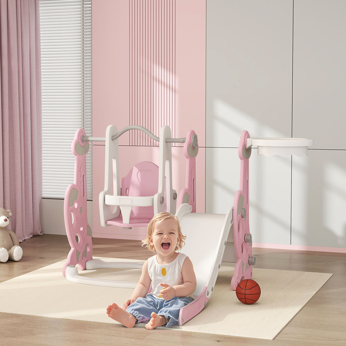 Escorrega Infantil 4 em 1 Parque Infantil com Baloiço e Escorrega Escalador Cesto de Basquetebol Temática de Foguete para Interior 147,5x160x107 cm Rosa — foto 2