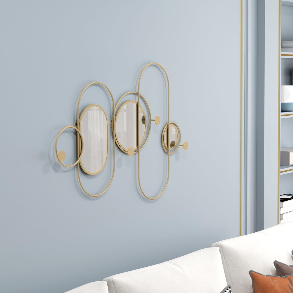 Cabide de Parede com 4 Ganchos e 3 Espelhos Decorativos para Pendurar Casacos Bolsas para Entrada Corredor 106x71 cm Dourado — foto 2