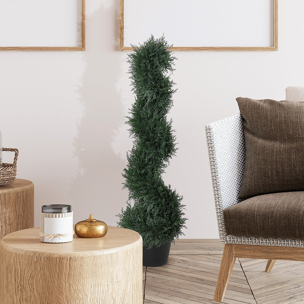 Planta decorativa artificial de 90 cm com vaso de cedro com poda em espiral topiaria de 650 folhas verde escuro — foto 2