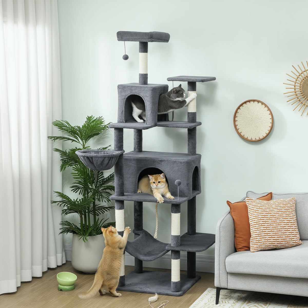Arranhador para Gatos 202 cm Torre de Escalada com Plataformas Plataformas Caverna Postes de Sisal Bolas e Corda para Brincar Cinzento — foto 2