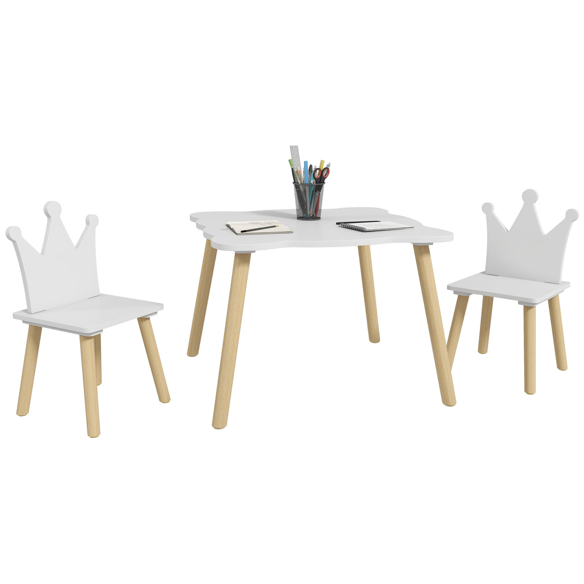 Mesa e Cadeiras Infantis de 3 Peças Mesa Infantil com 2 Cadeiras com Encosto em Forma de Coroa para Crianças de 3-6 Anos para Sala de Jogos Dormitório Escola Infantil Branco — foto 1
