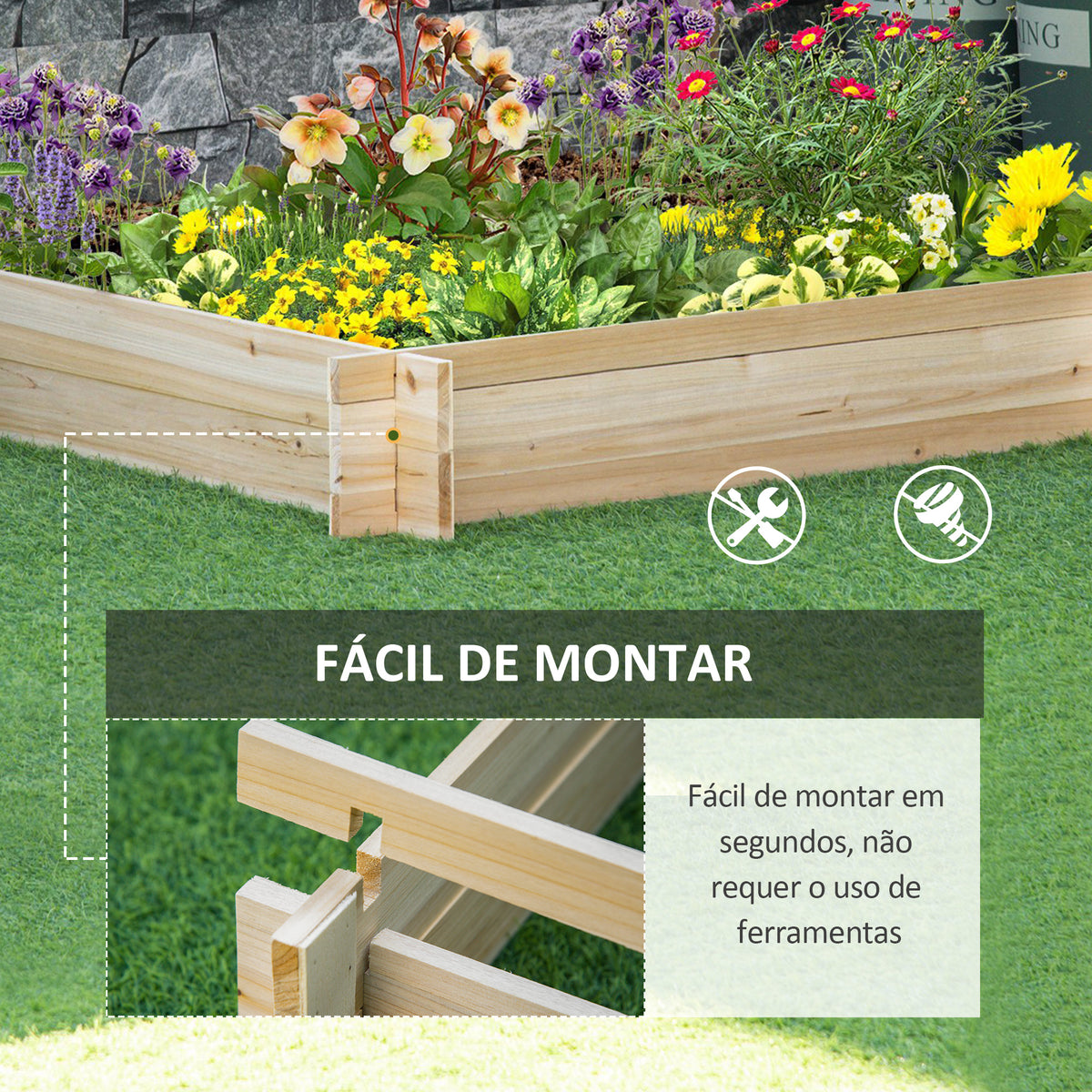 Caixa de Plantio de Madeira Quadrada de Chão Horta Vertical para Cultivos de Plantas Flores Ervas Terraço 100x100x16cm Madeira Natural — foto 5