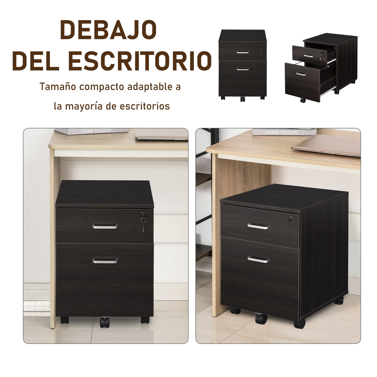 Bloco de Gavetas para Escritório Móvel de Arquivos com 2 Gavetas 5 Rodas com Travões e Fechadura com 2 Chaves para Escritório Secretária Casa 40x45x55,6cm Wengué — foto 4