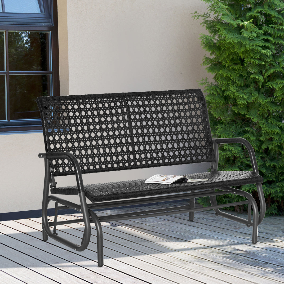 Banco Baloiço de Vime de 2 Lugares Baloiço de Jardim com Balanço Ergonómico e Estrutura de Metal para Terraço Balcão Exterior Carga 220kg 70x120x84cm Preto — foto 2